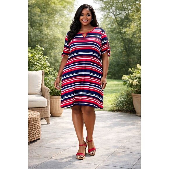 Westport Size Petite XL Dress Stripe Keyhole Front Tie-Knot Split Sleeves - Picture 9 of 9